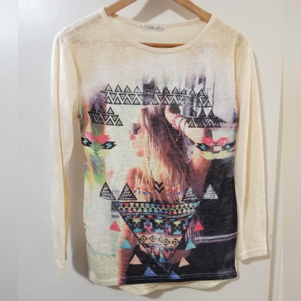 G.Fresh Cream Knit Graphic Top M